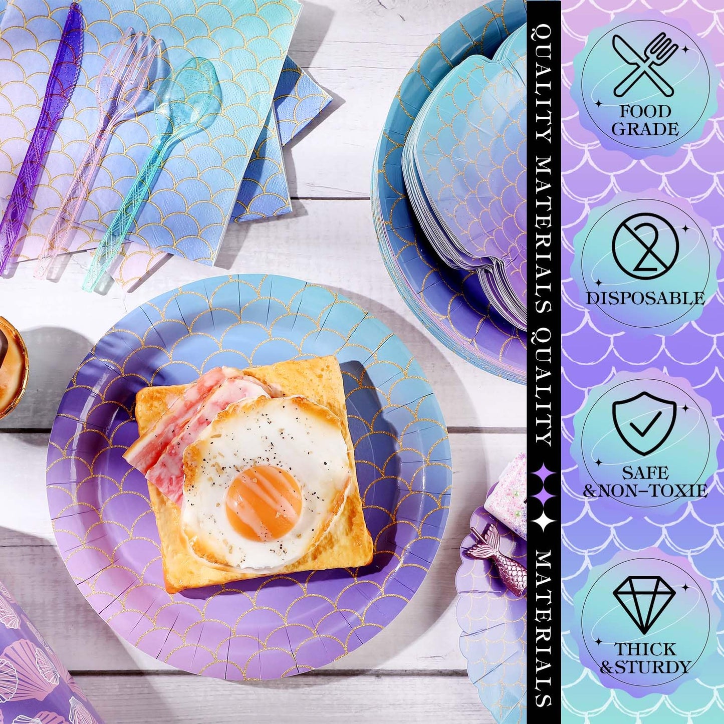 Blushtier Mermaid Party Supplies – 350 Pcs Under the Sea Disposable Dinnerware Set for Birthday Party (Multicolor)