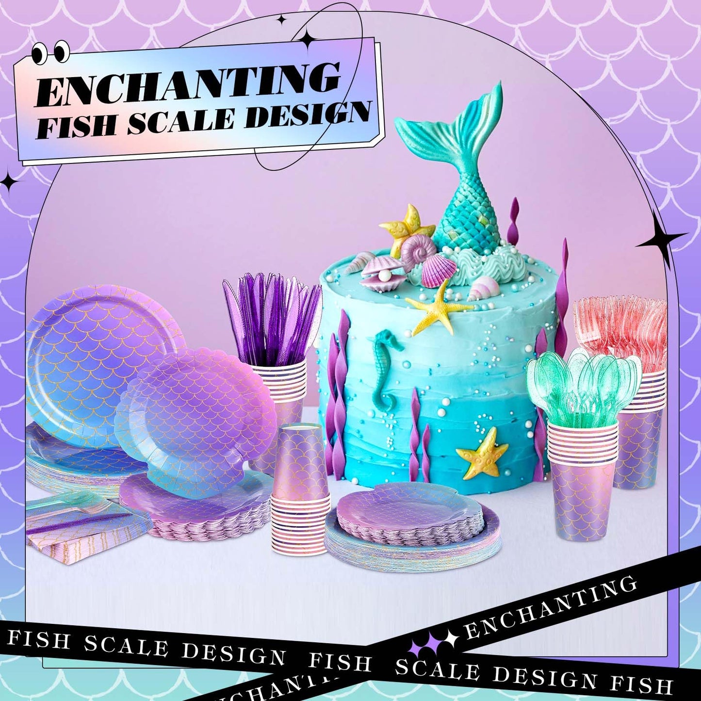 Blushtier Mermaid Party Supplies – 350 Pcs Under the Sea Disposable Dinnerware Set for Birthday Party (Multicolor)