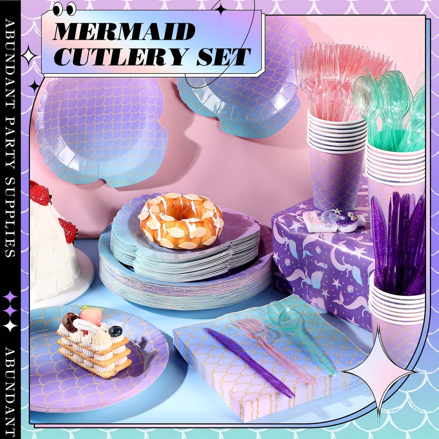 Blushtier Mermaid Party Supplies – 350 Pcs Under the Sea Disposable Dinnerware Set for Birthday Party (Multicolor)