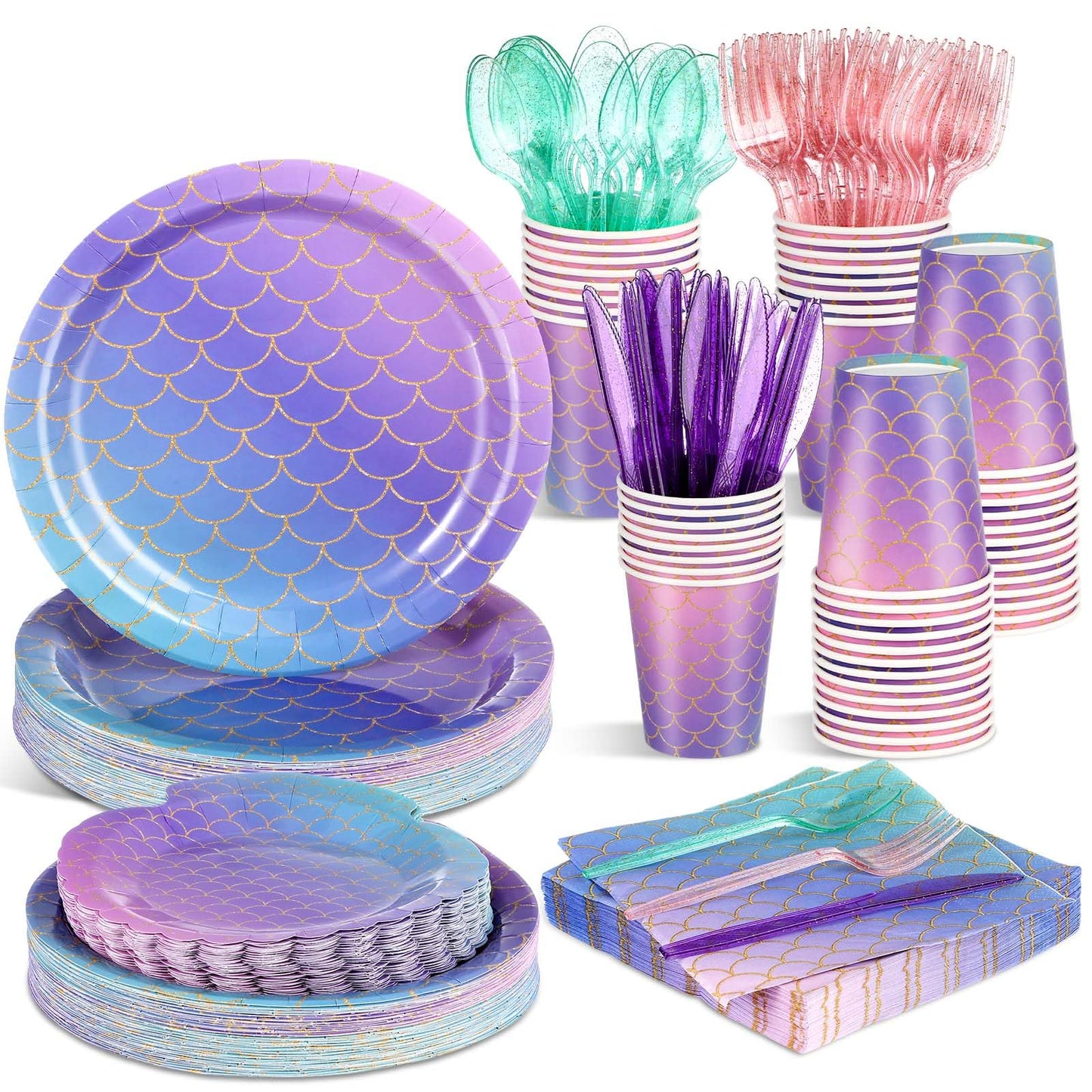 Blushtier Mermaid Party Supplies – 350 Pcs Under the Sea Disposable Dinnerware Set for Birthday Party (Multicolor)