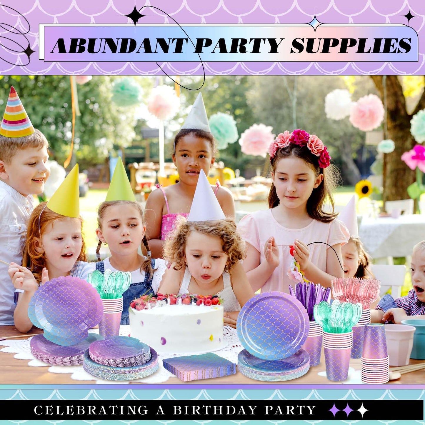 Blushtier Mermaid Party Supplies – 350 Pcs Under the Sea Disposable Dinnerware Set for Birthday Party (Multicolor)