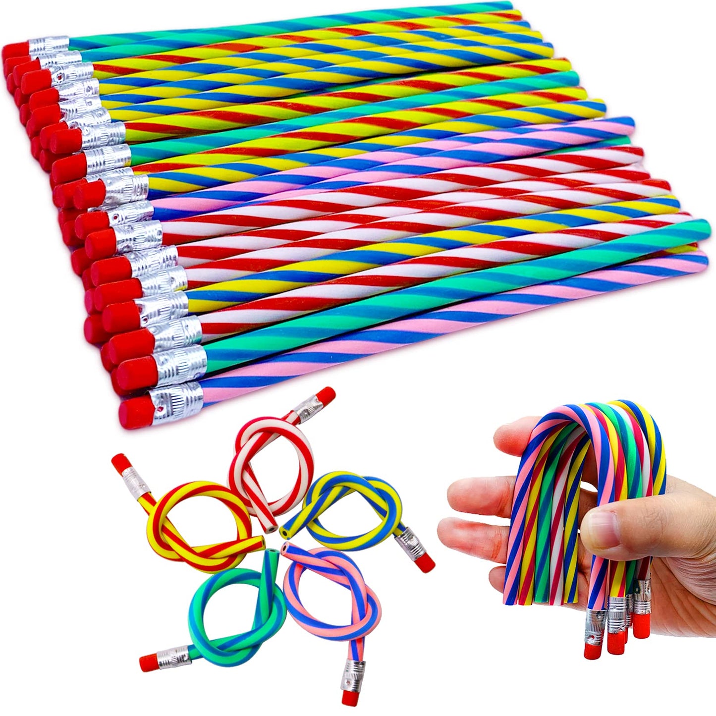 Blvochnnt 35 Pcs 7-Inch Flexible Rainbow Stripe Pencils with Erasers