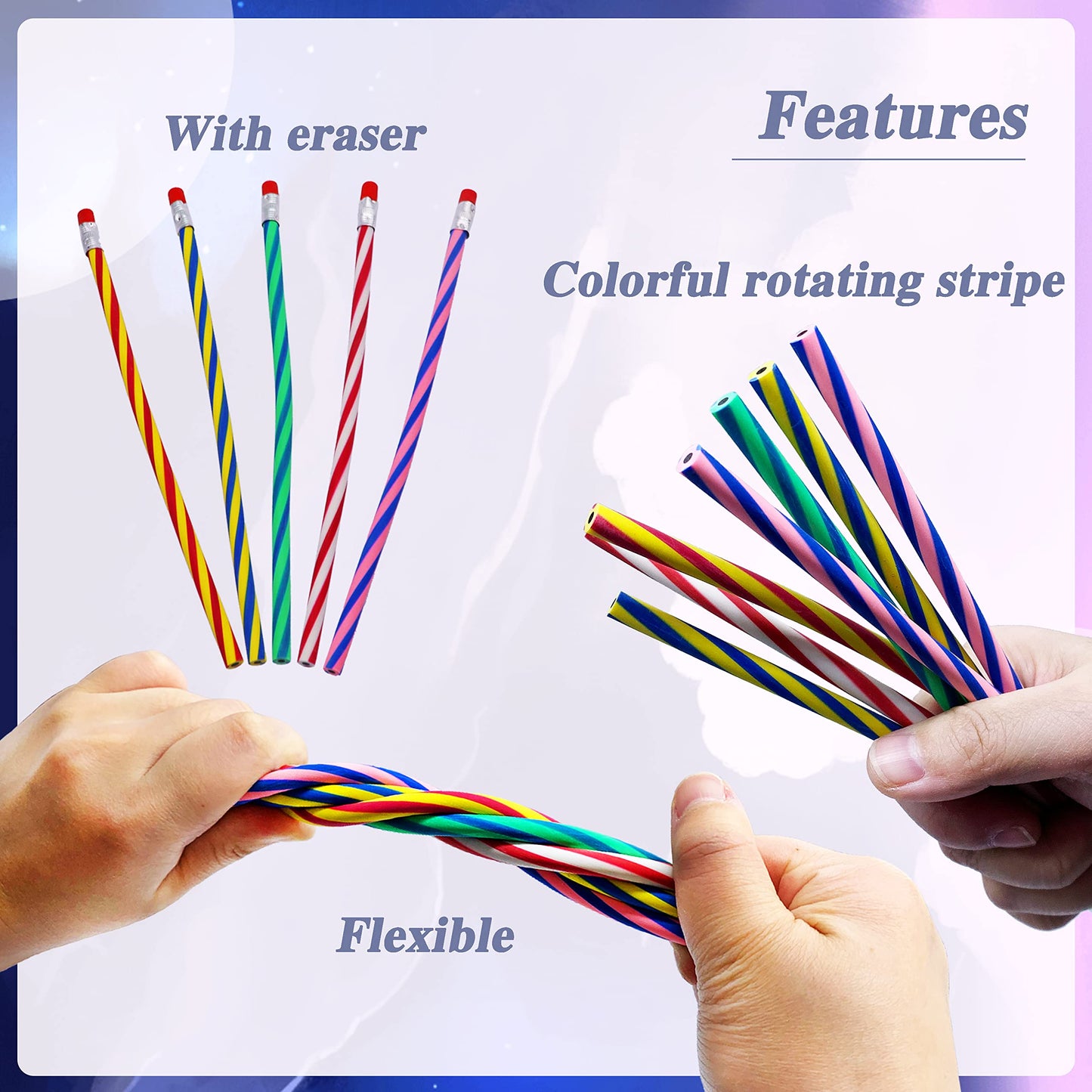 Blvochnnt 35 Pcs 7-Inch Flexible Rainbow Stripe Pencils with Erasers