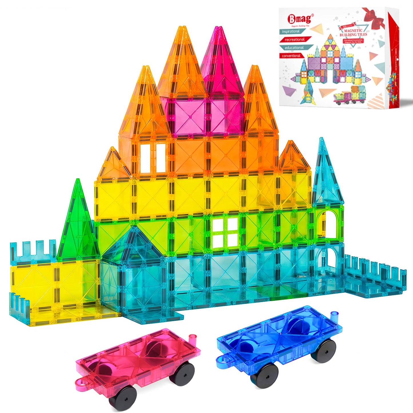 Bmag 100PCS Magnetic Building Blocks with 2 Cars | STEM Toy for Kids 3-10