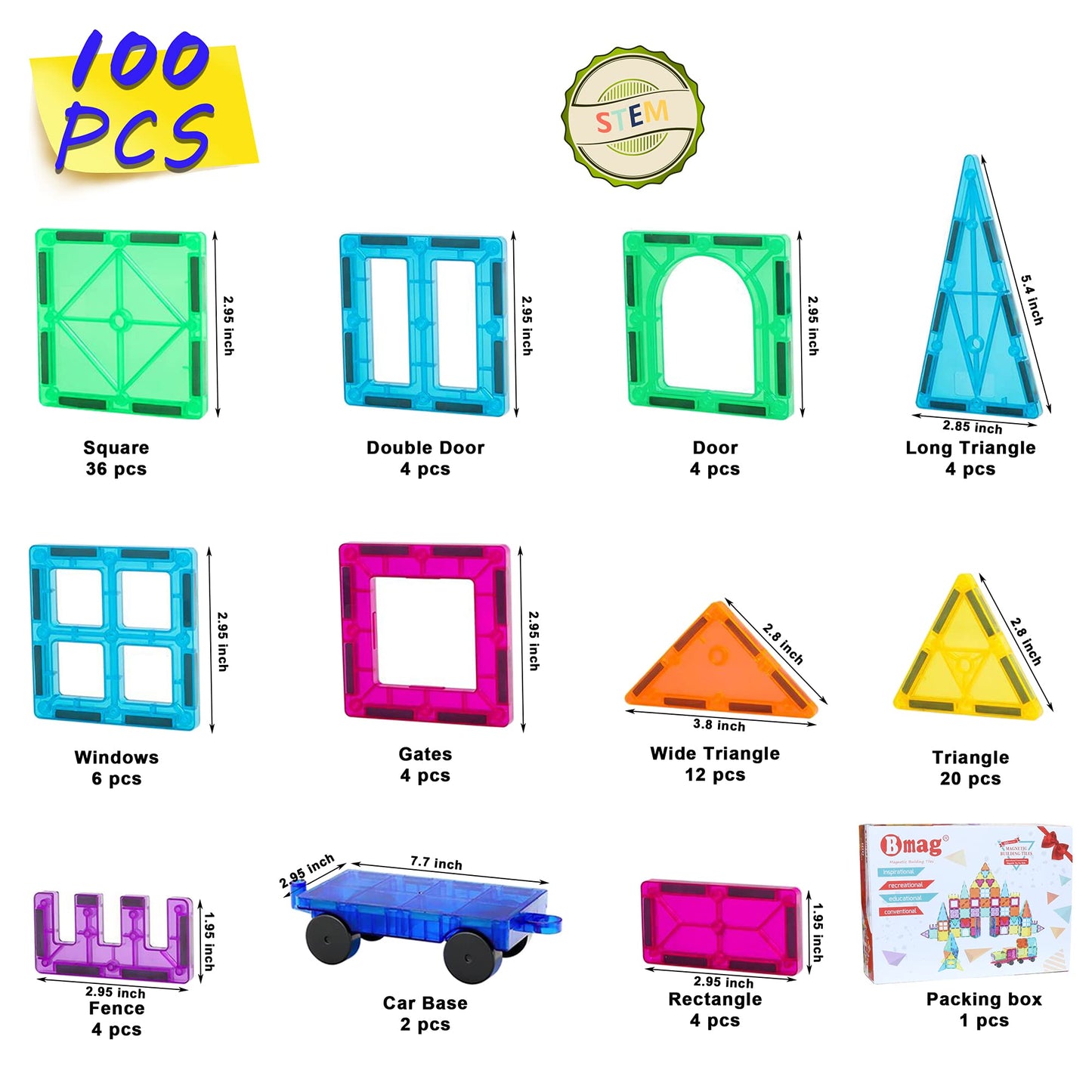 Bmag 100PCS Magnetic Building Blocks with 2 Cars | STEM Toy for Kids 3-10