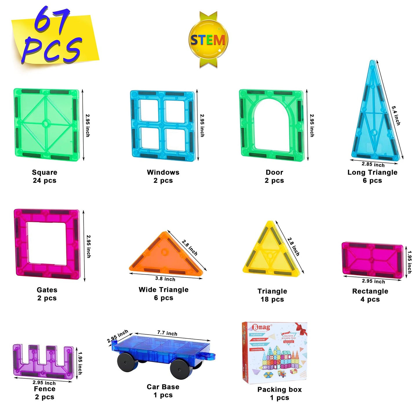 Bmag Magnetic Tiles 67 PCS – STEM Building Blocks for Toddlers, 3D Magnetic Tiles for Kids
