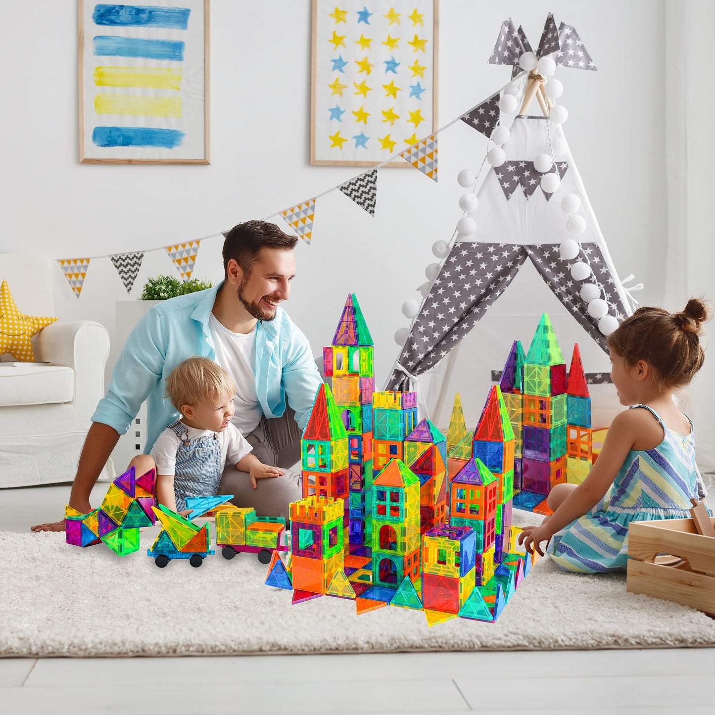 Bmag 100PCS Magnetic Building Blocks with 2 Cars | STEM Toy for Kids 3-10