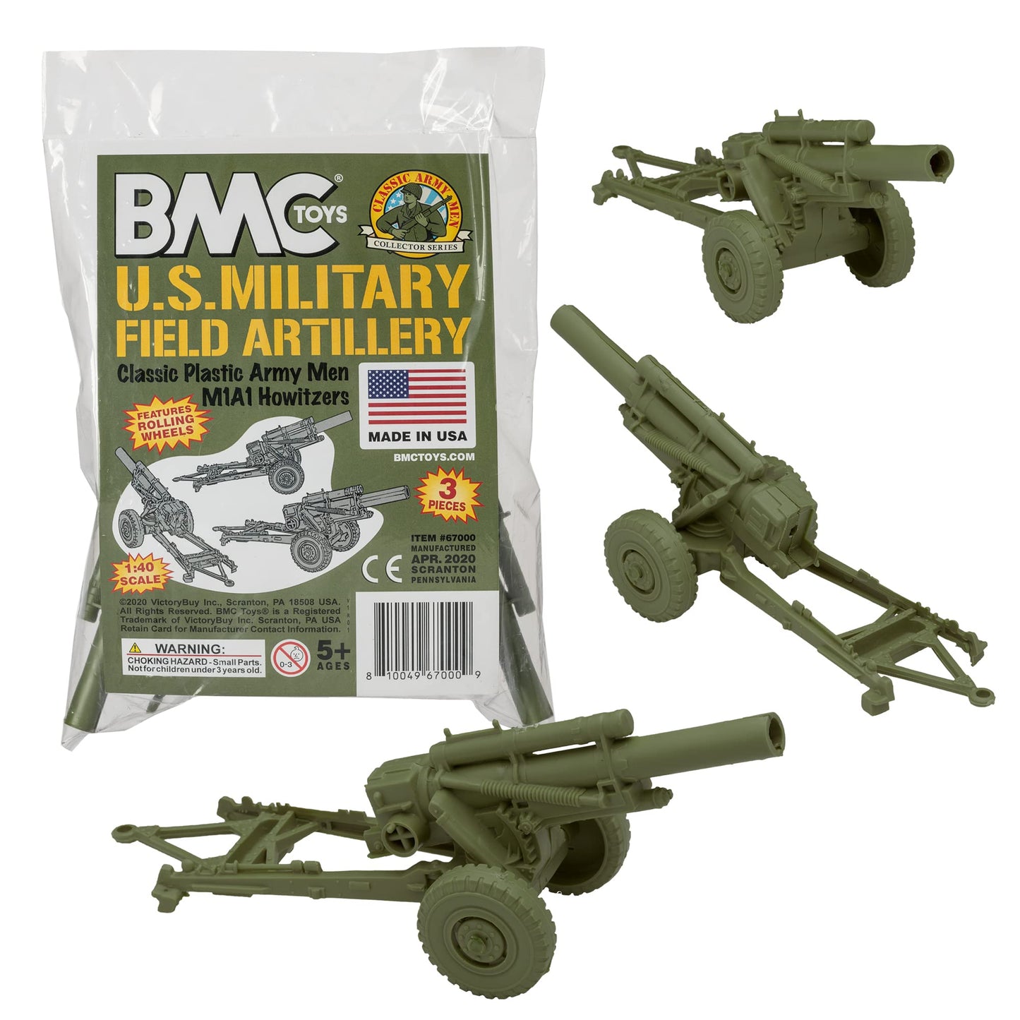 BMC Toys Classic Marx US Howitzers OD Green 3pc Field Artillery