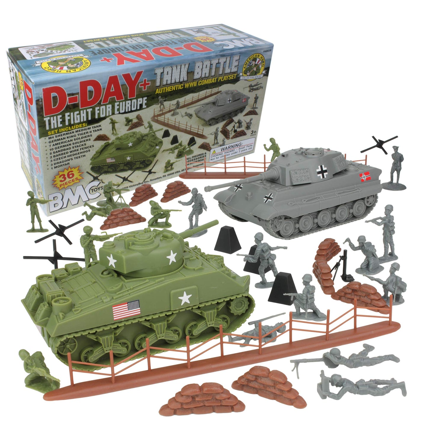 BMC Toys WW2 D-Day Tank Battle – 36pc Plastic Army Men Playset | 1:32 Scale