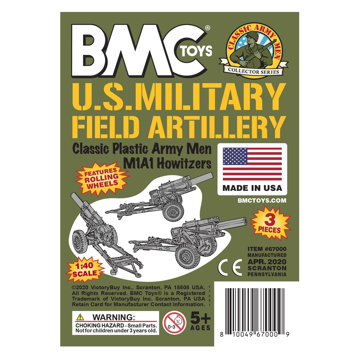 BMC Toys Classic Marx US Howitzers OD Green 3pc Field Artillery