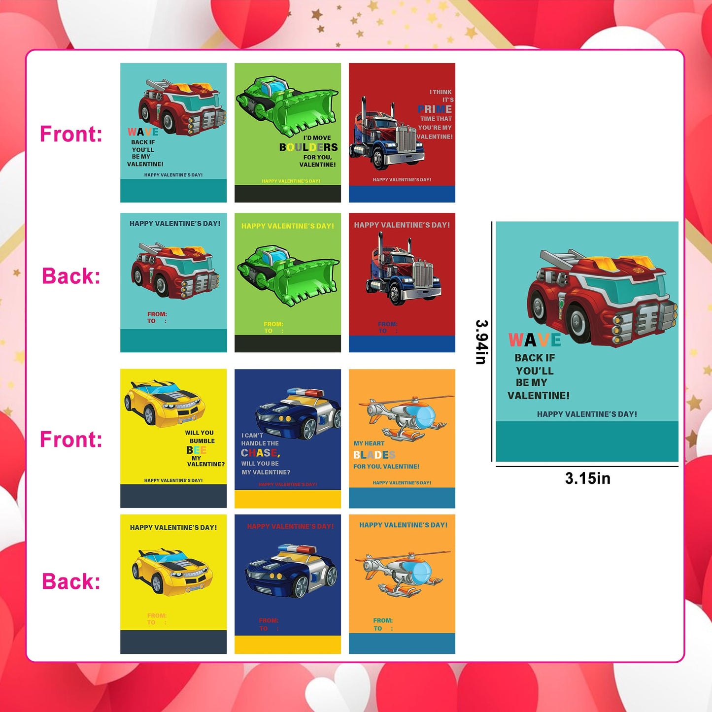 Bmmff 24-Pack Valentines Day Transforming Car Toys with Gift Cards – Classroom Exchange & Party Favors