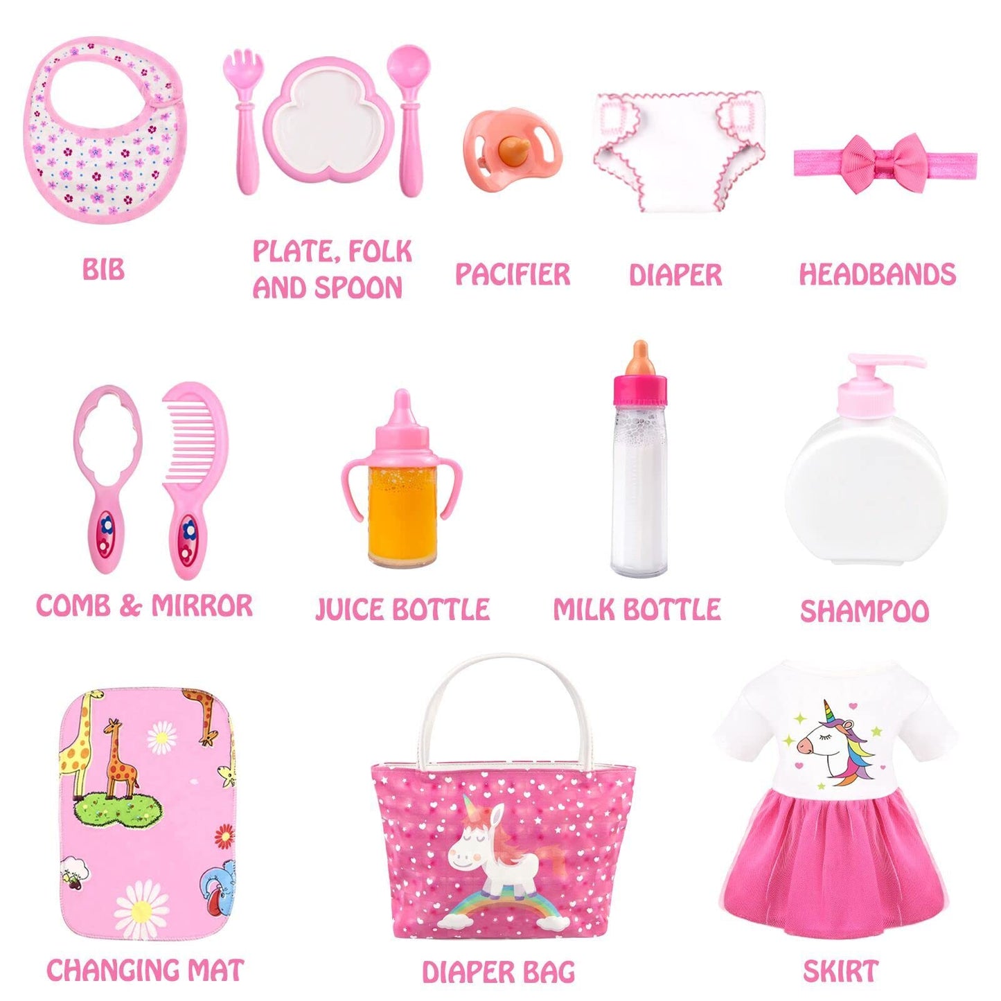 BNUZEIYI Baby Doll Accessories Set – Diaper Bag, Bottles & Care Kit for 14-16 and 18-Inch Dolls