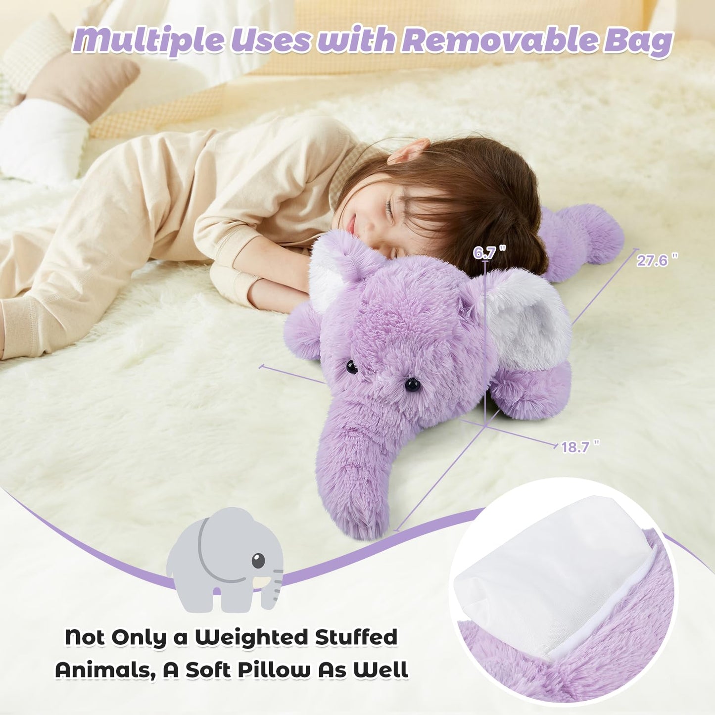 Bobbie & Laxi 28" Elephant Weighted Plush Toy with Removable Weight Bag – Large Soft Pillow