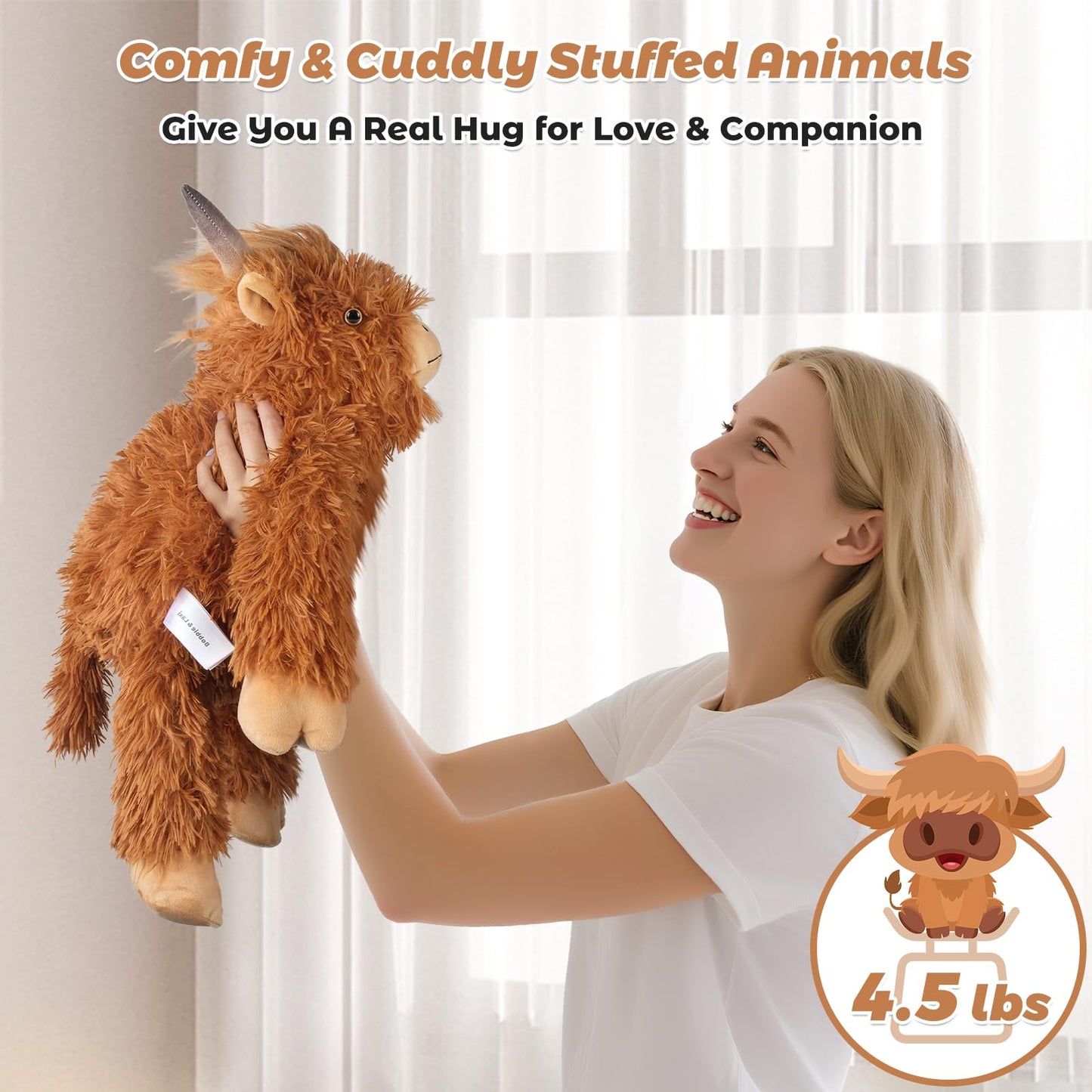 Bobbie & Laxi Highland Cow Weighted Stuffed Animal - 22in Plush with Removable Ceramsite Bag, Adjustable Sitting or Laying