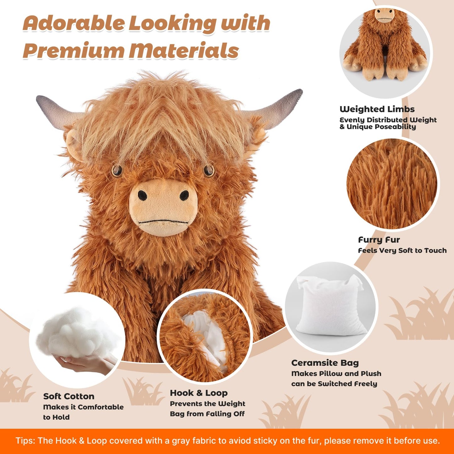 Bobbie & Laxi Highland Cow Weighted Stuffed Animal - 22in Plush with Removable Ceramsite Bag, Adjustable Sitting or Laying