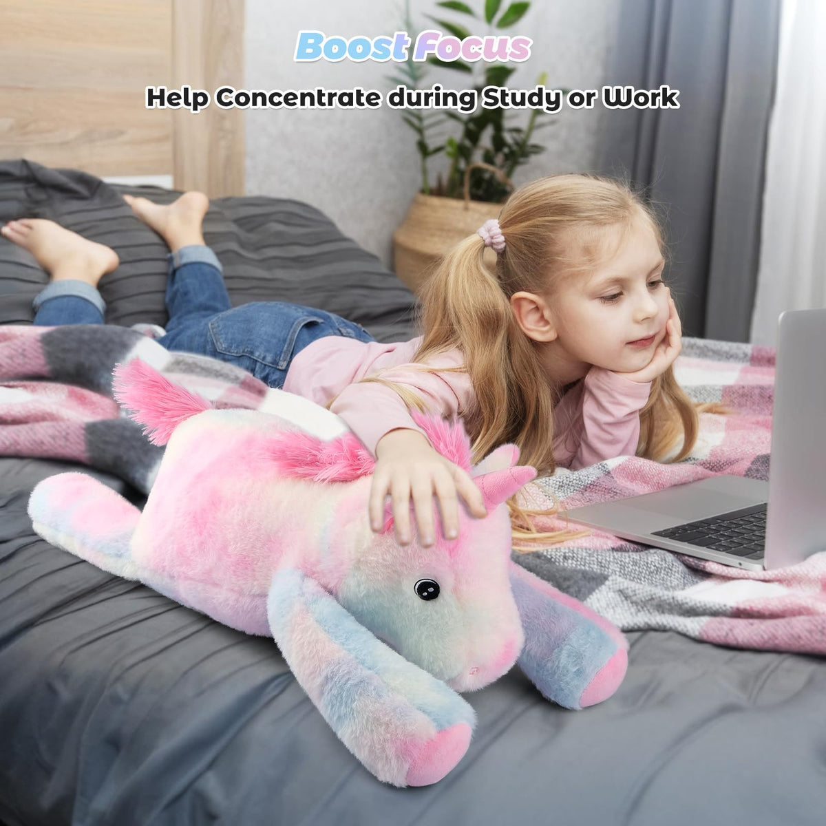 Bobbie & Laxi Weighted Unicorn Plush — 24in, 4.5lb, Sit or Lay Plush Pillow