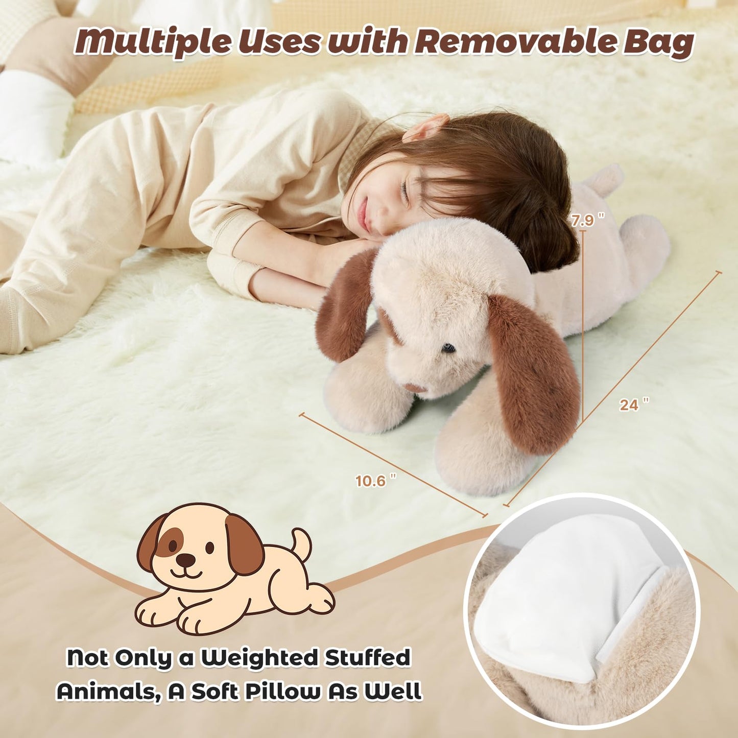 Bobbie & Laxi 24-inch Weighted Dog Stuffed Animal | Removable Ceramsite Bag | Plush Pillow & Companion