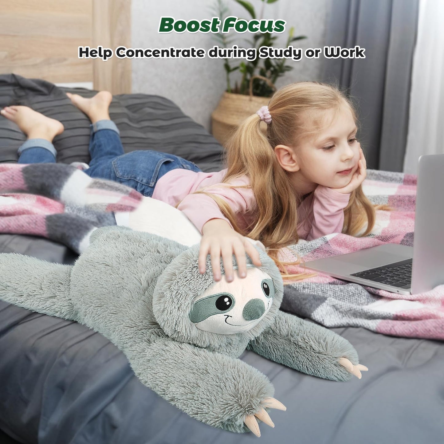 Bobbie & Laxi 27-Inch Weighted Sloth Plush — Large Plush Pillow with Removable Bag