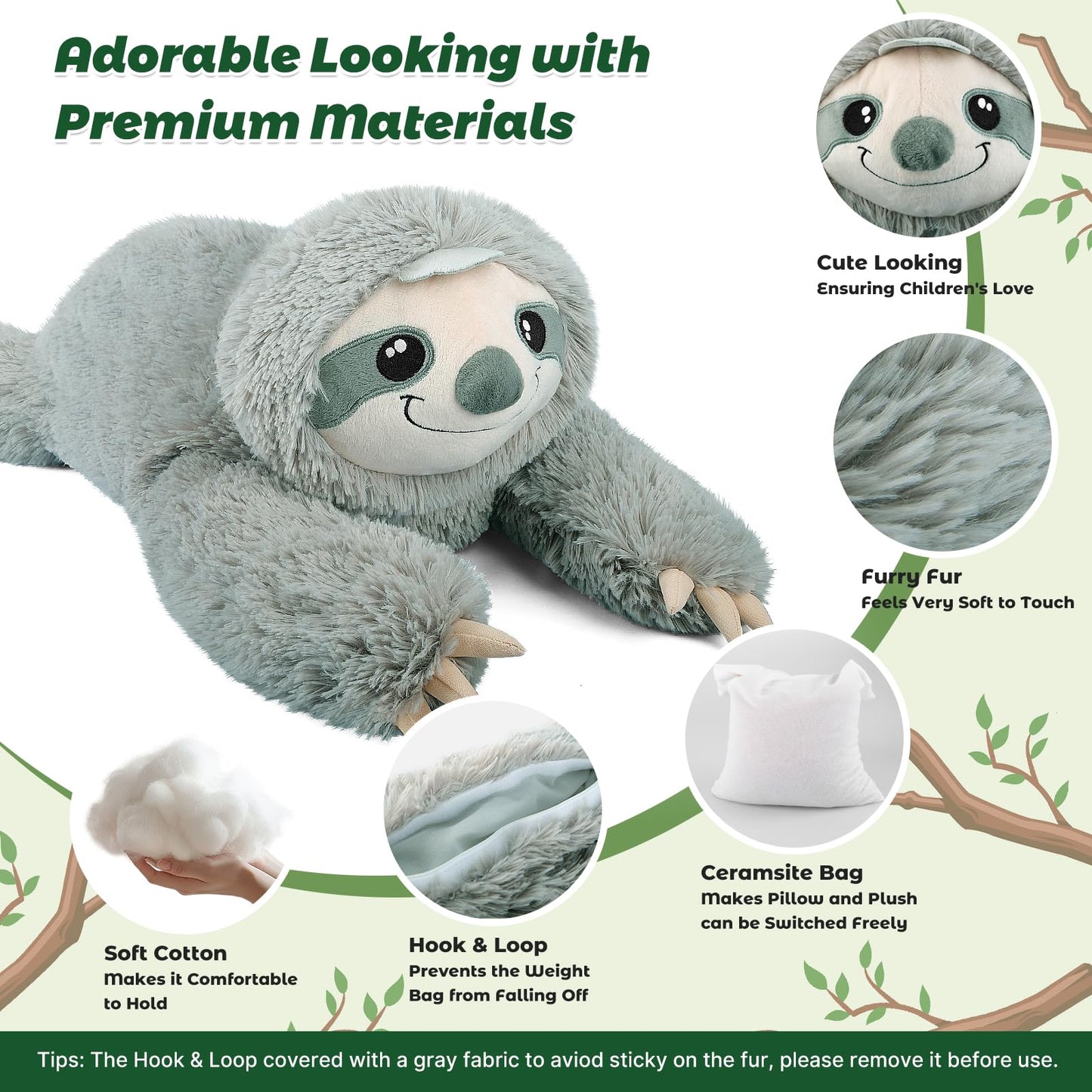 Bobbie & Laxi 27-Inch Weighted Sloth Plush — Large Plush Pillow with Removable Bag