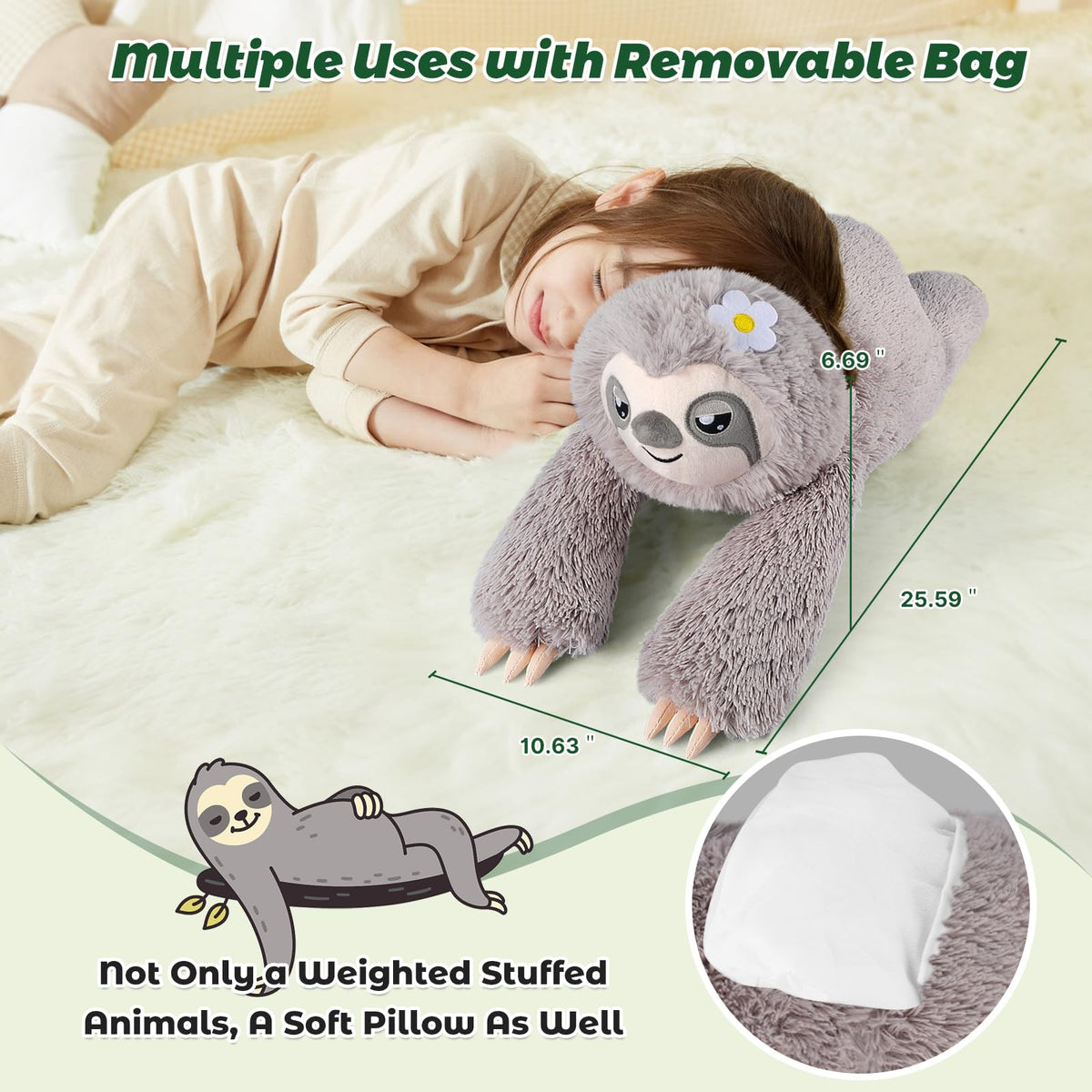 Bobbie & Laxi Weighted Sloth Plush – 26-inch Sitting & Laying Plush with Removable Bag