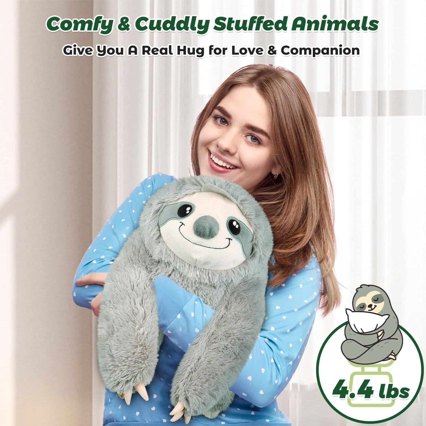 Bobbie & Laxi 27-Inch Weighted Sloth Plush — Large Plush Pillow with Removable Bag