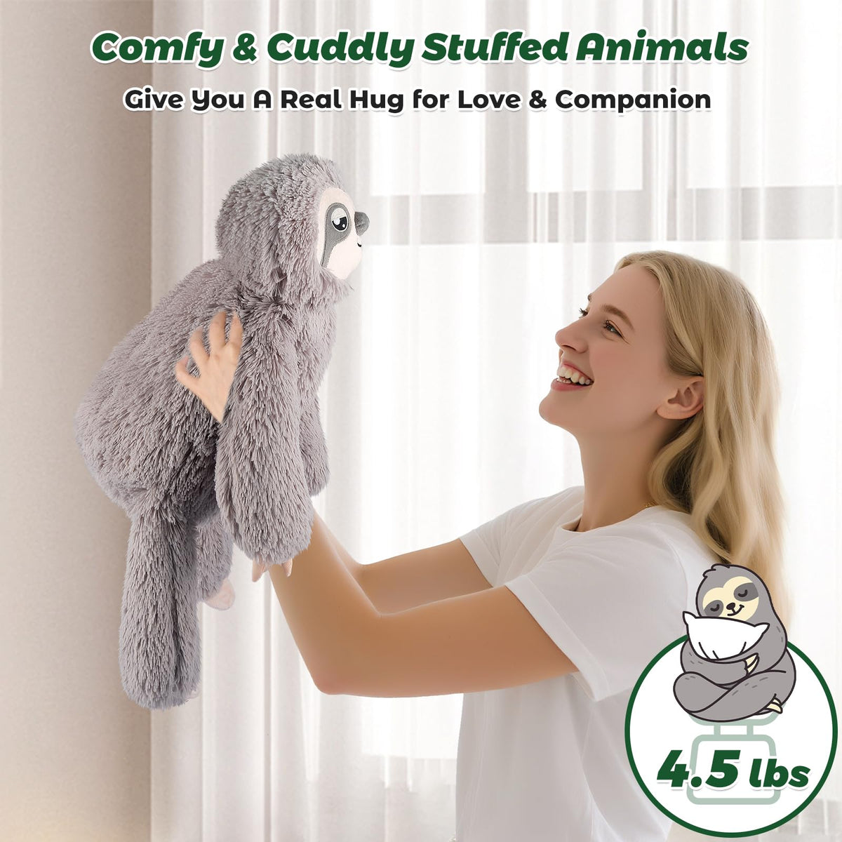 Bobbie & Laxi Weighted Sloth Plush – 26-inch Sitting & Laying Plush with Removable Bag