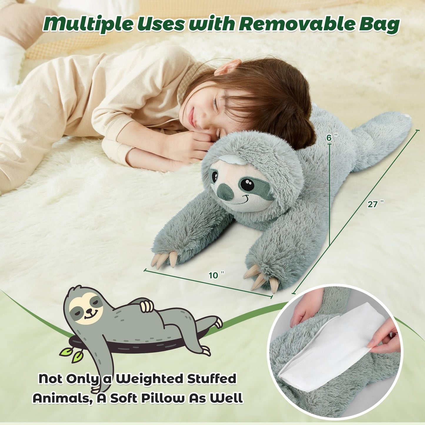 Bobbie & Laxi 27-Inch Weighted Sloth Plush — Large Plush Pillow with Removable Bag