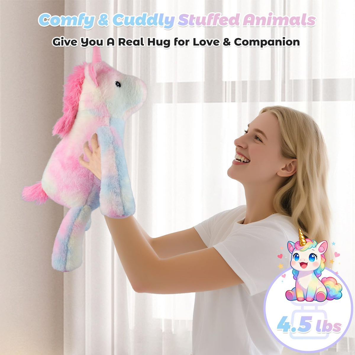 Bobbie & Laxi Weighted Unicorn Plush — 24in, 4.5lb, Sit or Lay Plush Pillow