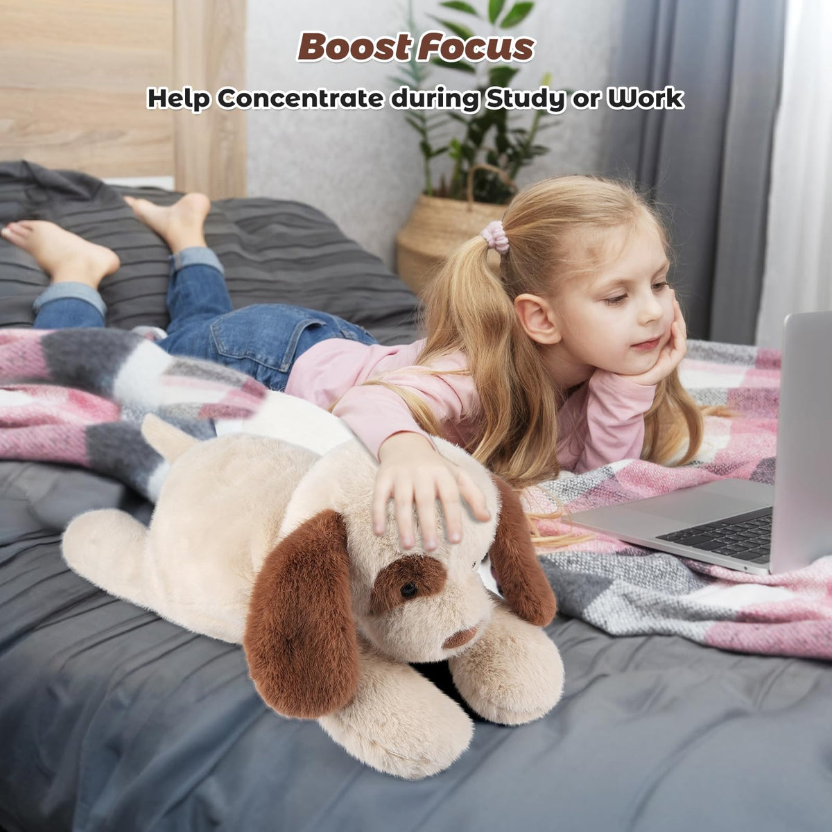 Bobbie & Laxi 24-inch Weighted Dog Stuffed Animal | Removable Ceramsite Bag | Plush Pillow & Companion