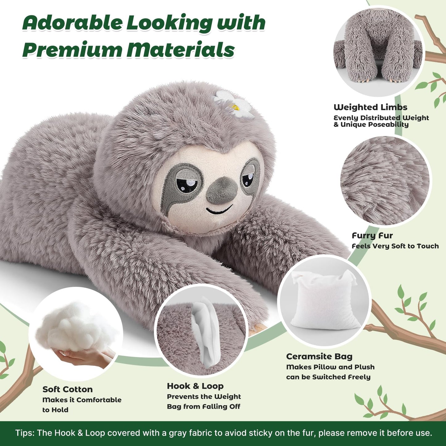 Bobbie & Laxi Weighted Sloth Plush – 26-inch Sitting & Laying Plush with Removable Bag