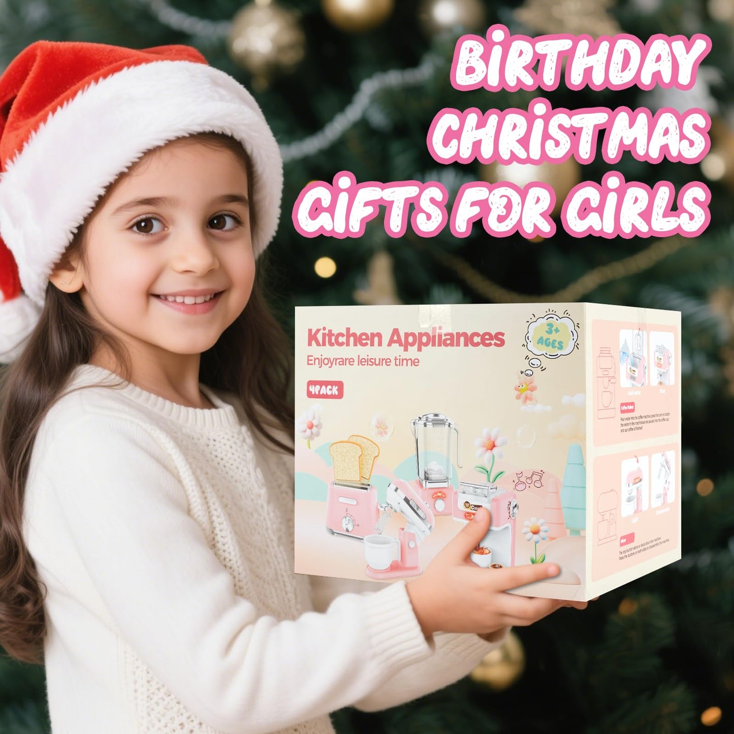 BOBUEXER 4-in-1 Play Kitchen: Coffee Maker, Mixer, Toaster & Blender for Girls 3-8 (Pink)