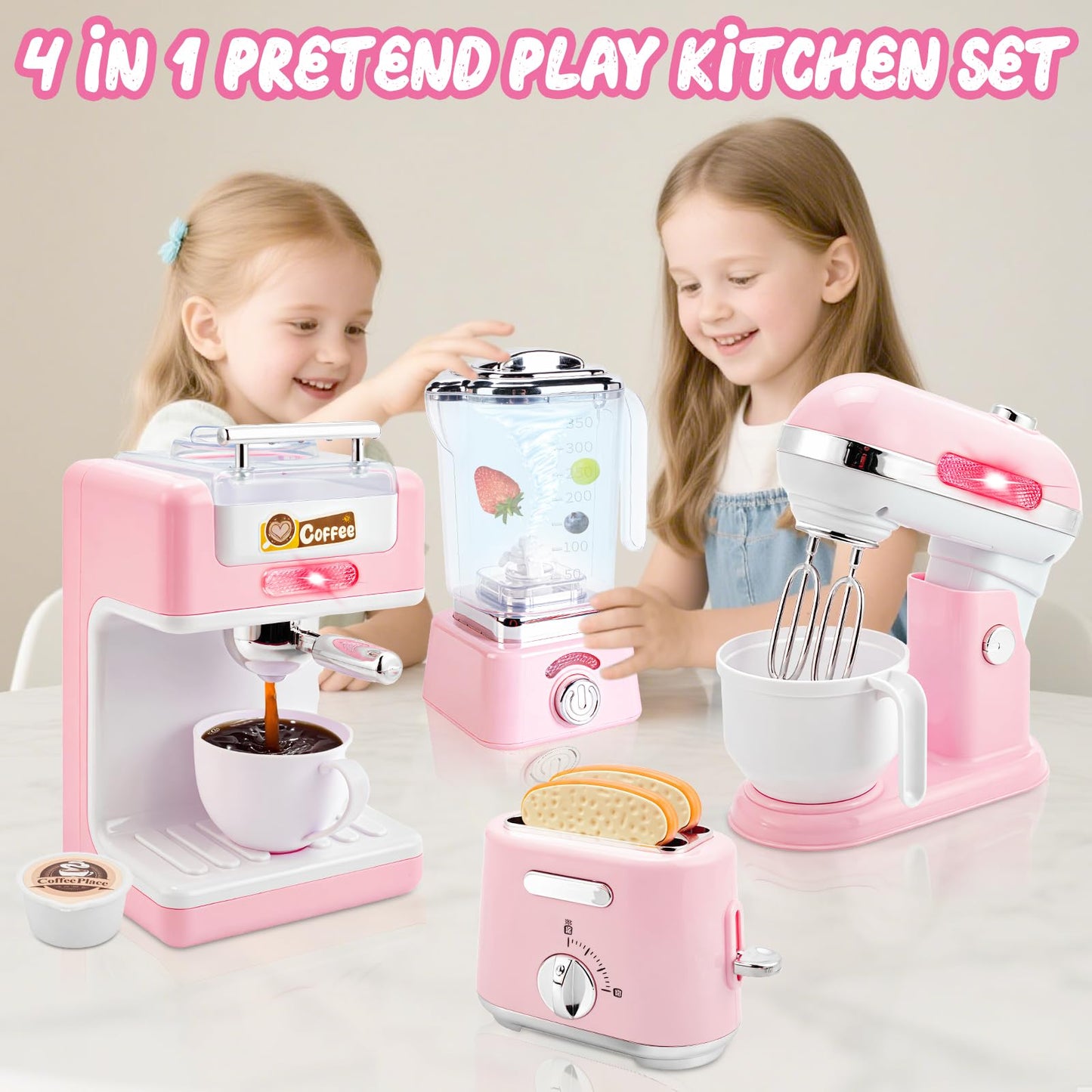 BOBUEXER 4-in-1 Play Kitchen: Coffee Maker, Mixer, Toaster & Blender for Girls 3-8 (Pink)