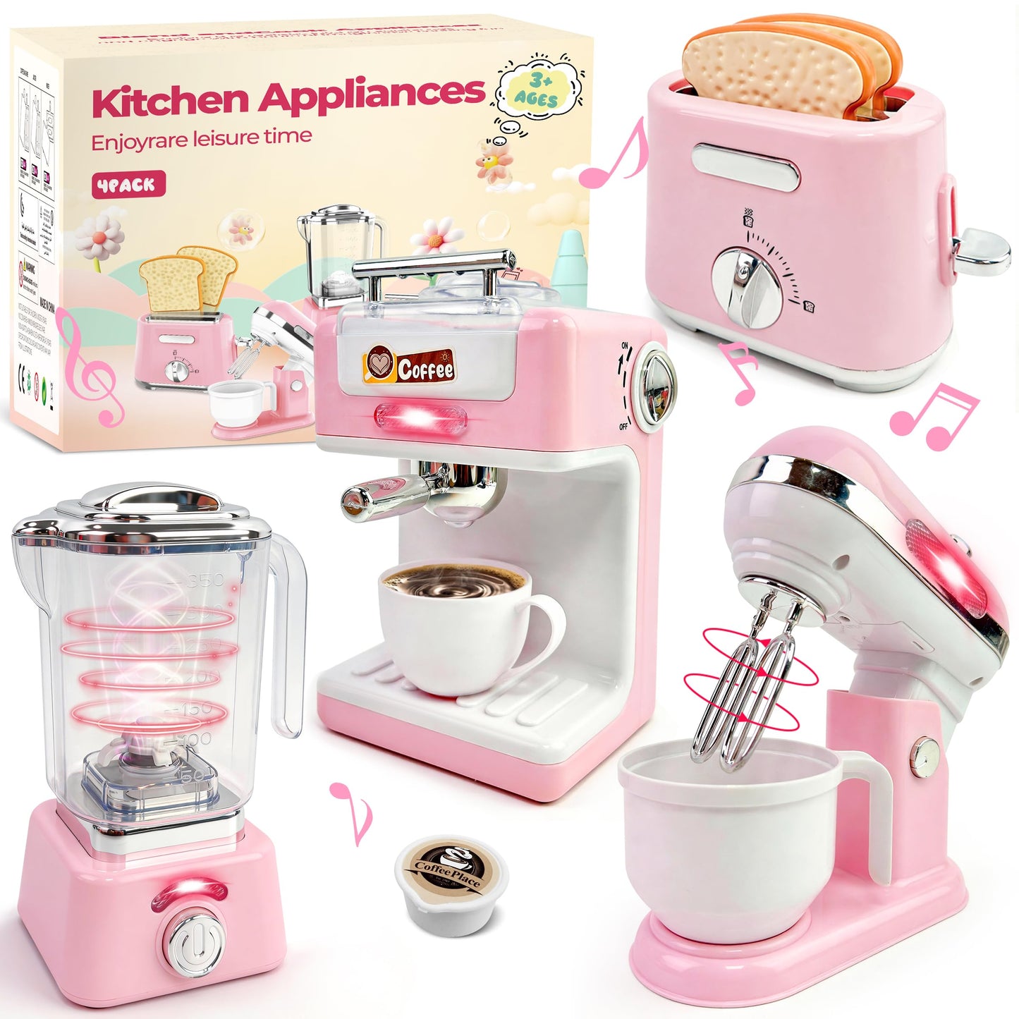 BOBUEXER 4-in-1 Play Kitchen: Coffee Maker, Mixer, Toaster & Blender for Girls 3-8 (Pink)