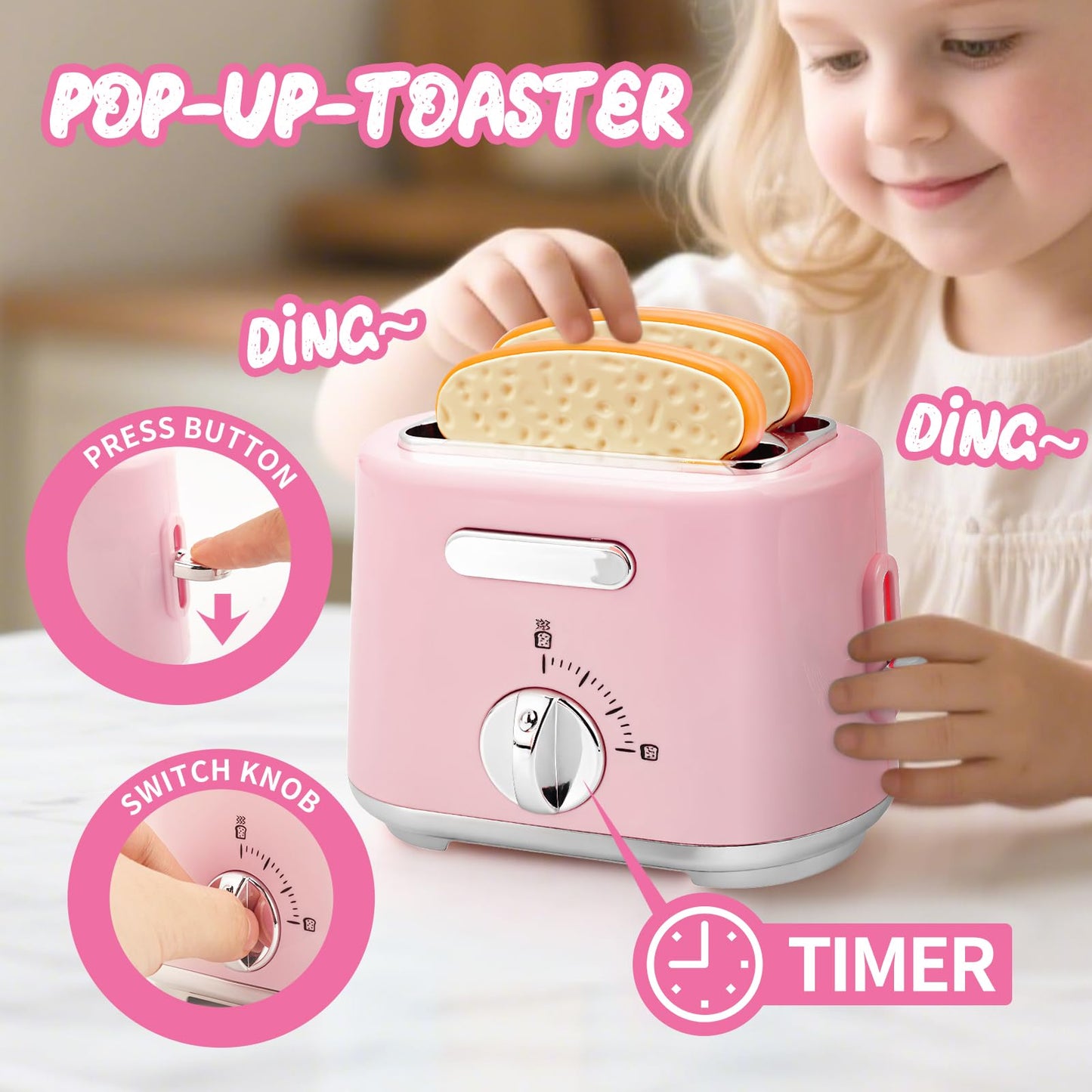 BOBUEXER 4-in-1 Play Kitchen: Coffee Maker, Mixer, Toaster & Blender for Girls 3-8 (Pink)