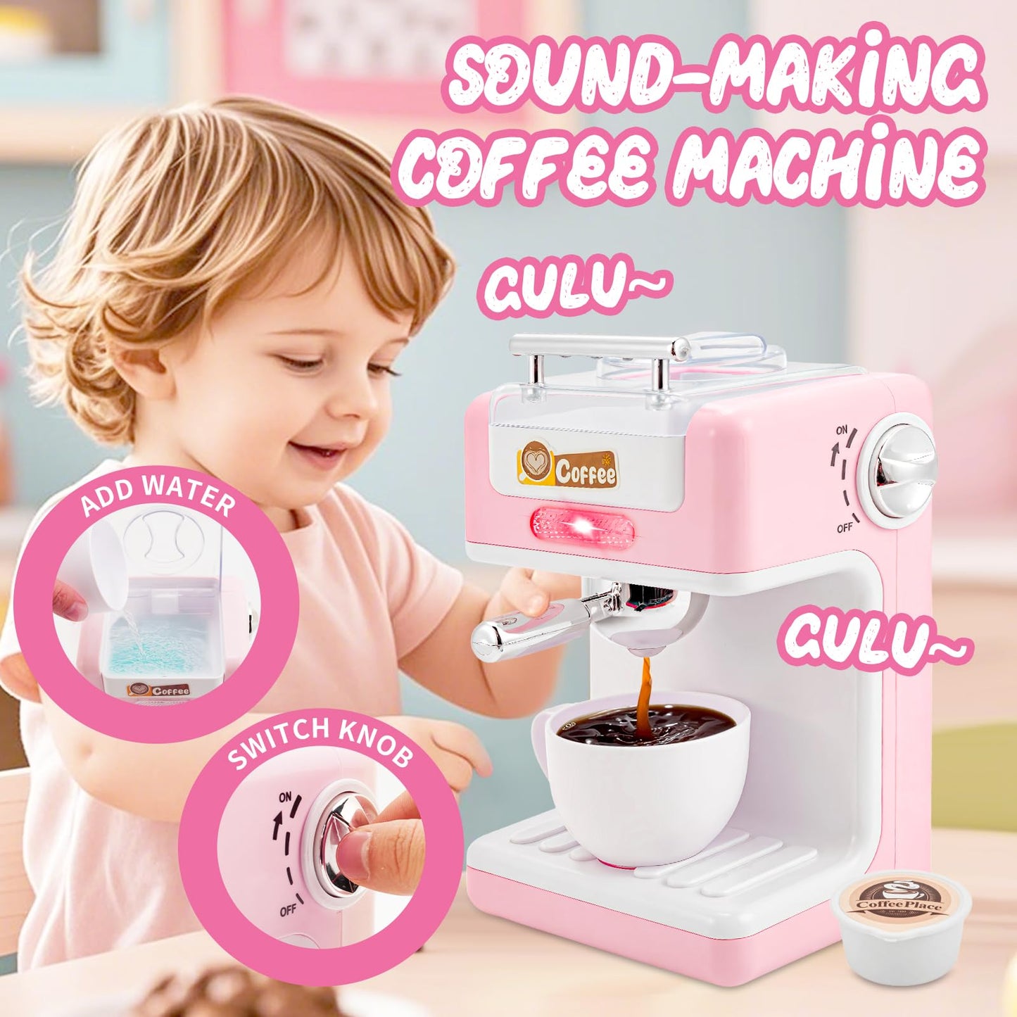 BOBUEXER 4-in-1 Play Kitchen: Coffee Maker, Mixer, Toaster & Blender for Girls 3-8 (Pink)