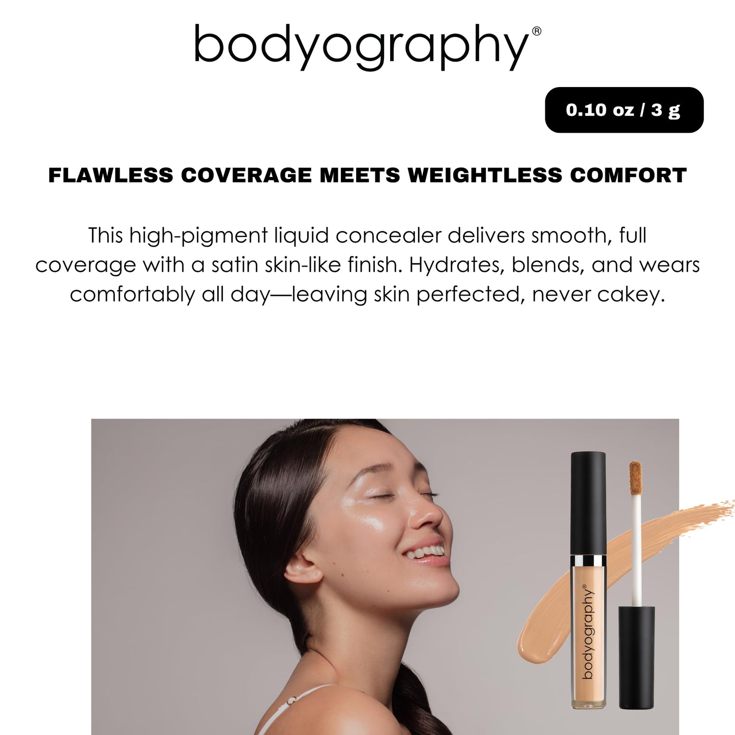 Bodyography Skin Slip Full-Coverage Concealer — Satin Finish, 35% Pigment, Hydration