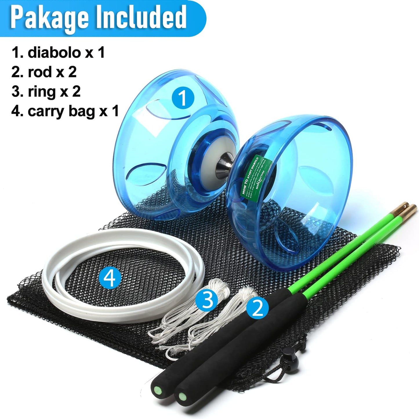 BodyRhythm Five Bearings Chinese Diabolo Yoyo Set with Fiberglass Sticks – Adjustable Strings, Blue