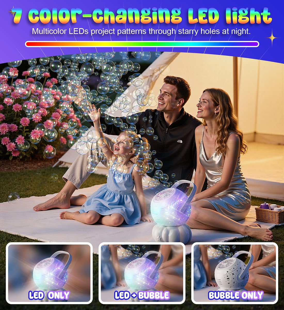 Boerfmo Rechargeable Bubble Machine – 7-Color LED, 60-Min Battery, 20oz Tank