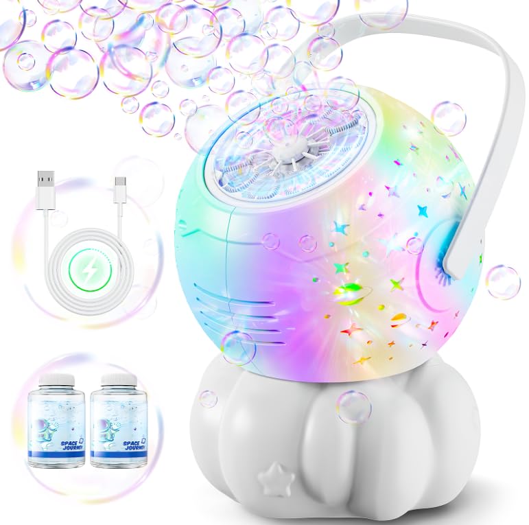 Boerfmo Rechargeable Bubble Machine – 7-Color LED, 60-Min Battery, 20oz Tank