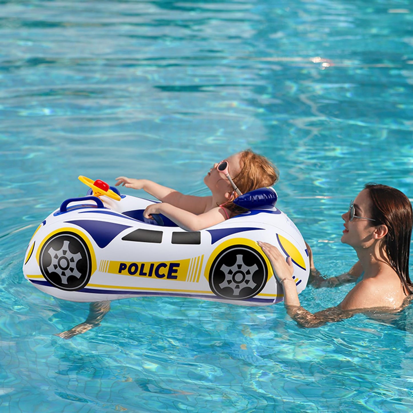 BOffer Baby Pool Float — 3D Police Car Design, Heavy-Duty PVC, 12–48 Months