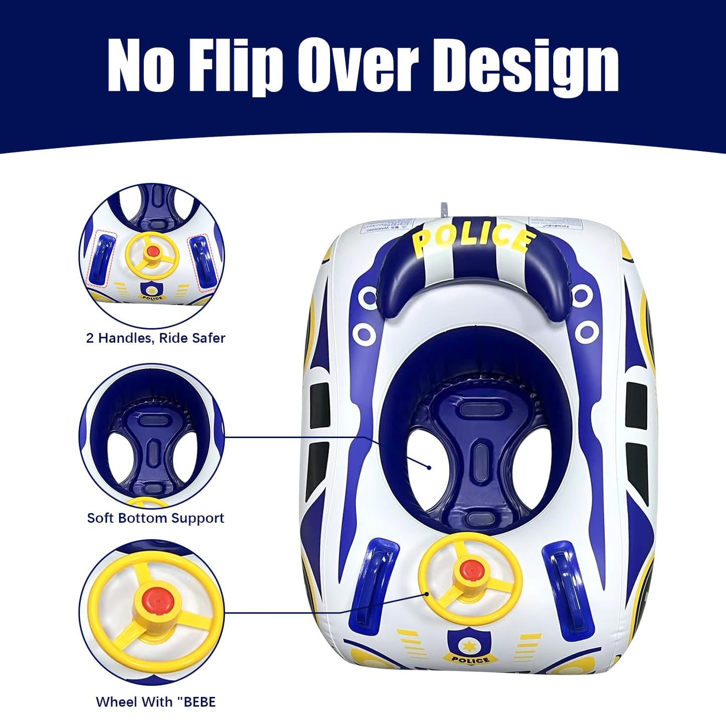 BOffer Baby Pool Float — 3D Police Car Design, Heavy-Duty PVC, 12–48 Months