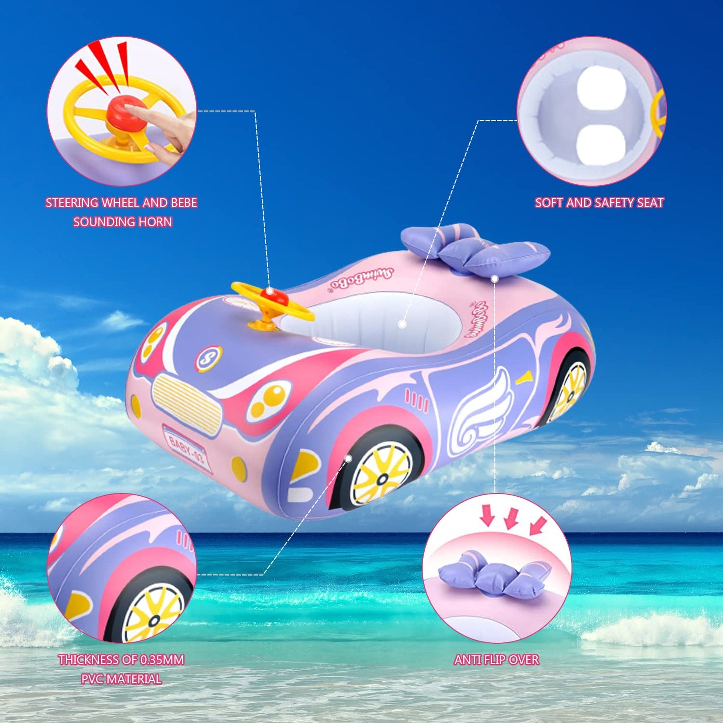 BOffer Car Baby Pool Float – Thick PVC, Non-Flip Design, Pink