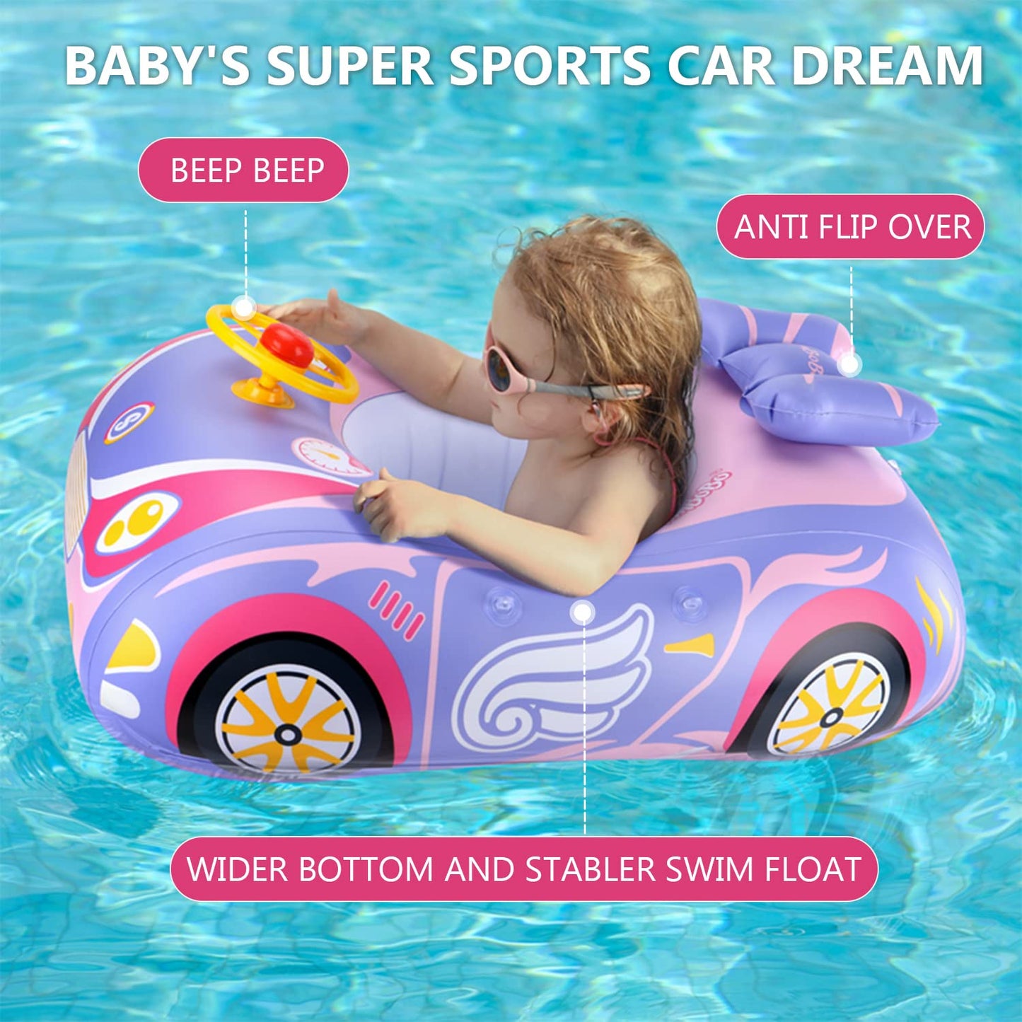 BOffer Car Baby Pool Float – Thick PVC, Non-Flip Design, Pink