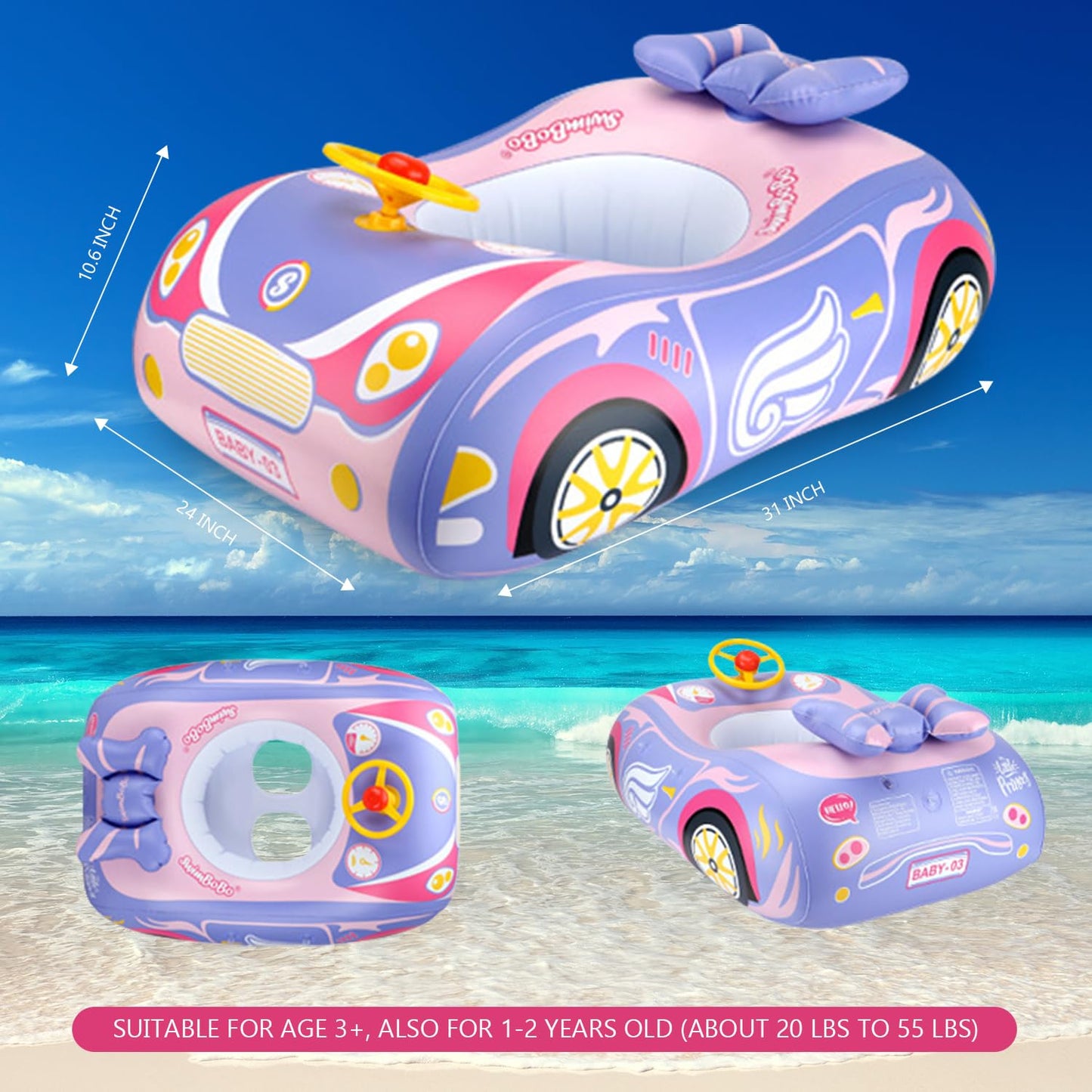 BOffer Car Baby Pool Float – Thick PVC, Non-Flip Design, Pink