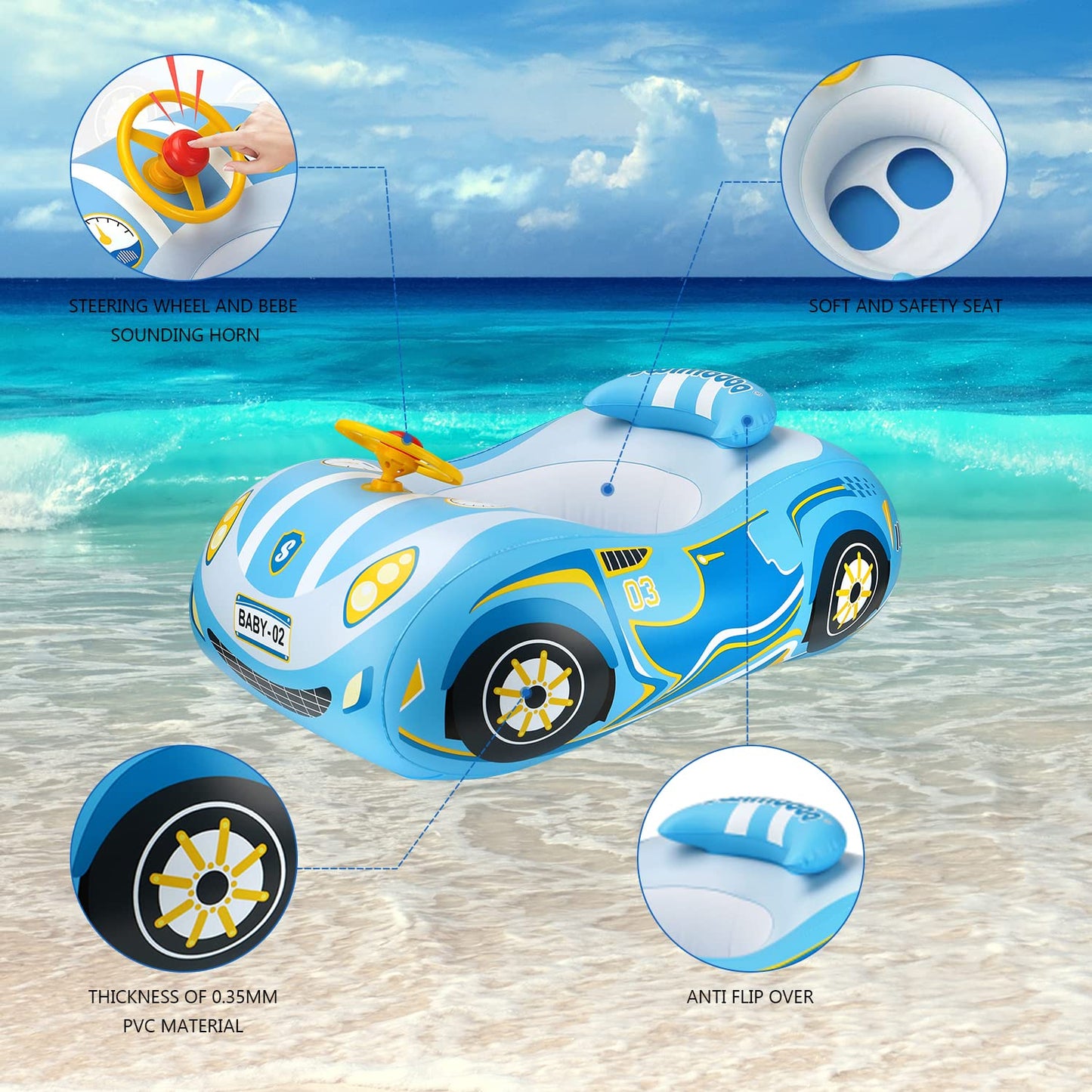 BOffer Baby Pool Float with 3D Car Design – Thick PVC Infant & Toddler Swim Float