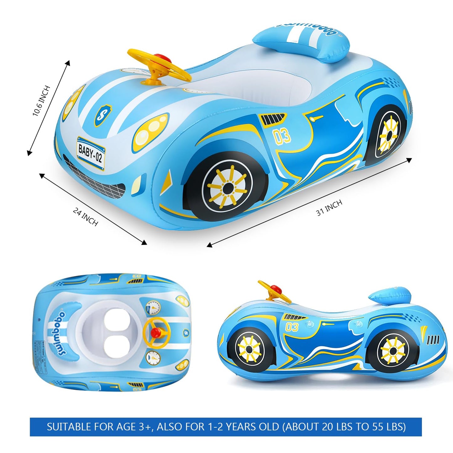 BOffer Baby Pool Float with 3D Car Design – Thick PVC Infant & Toddler Swim Float