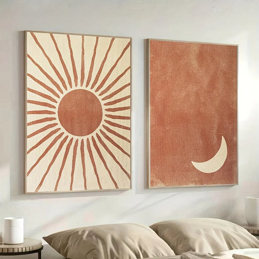 Bohemian Moon and Sun Wall Art Set – 2-Piece Abstract Clay & Beige Posters