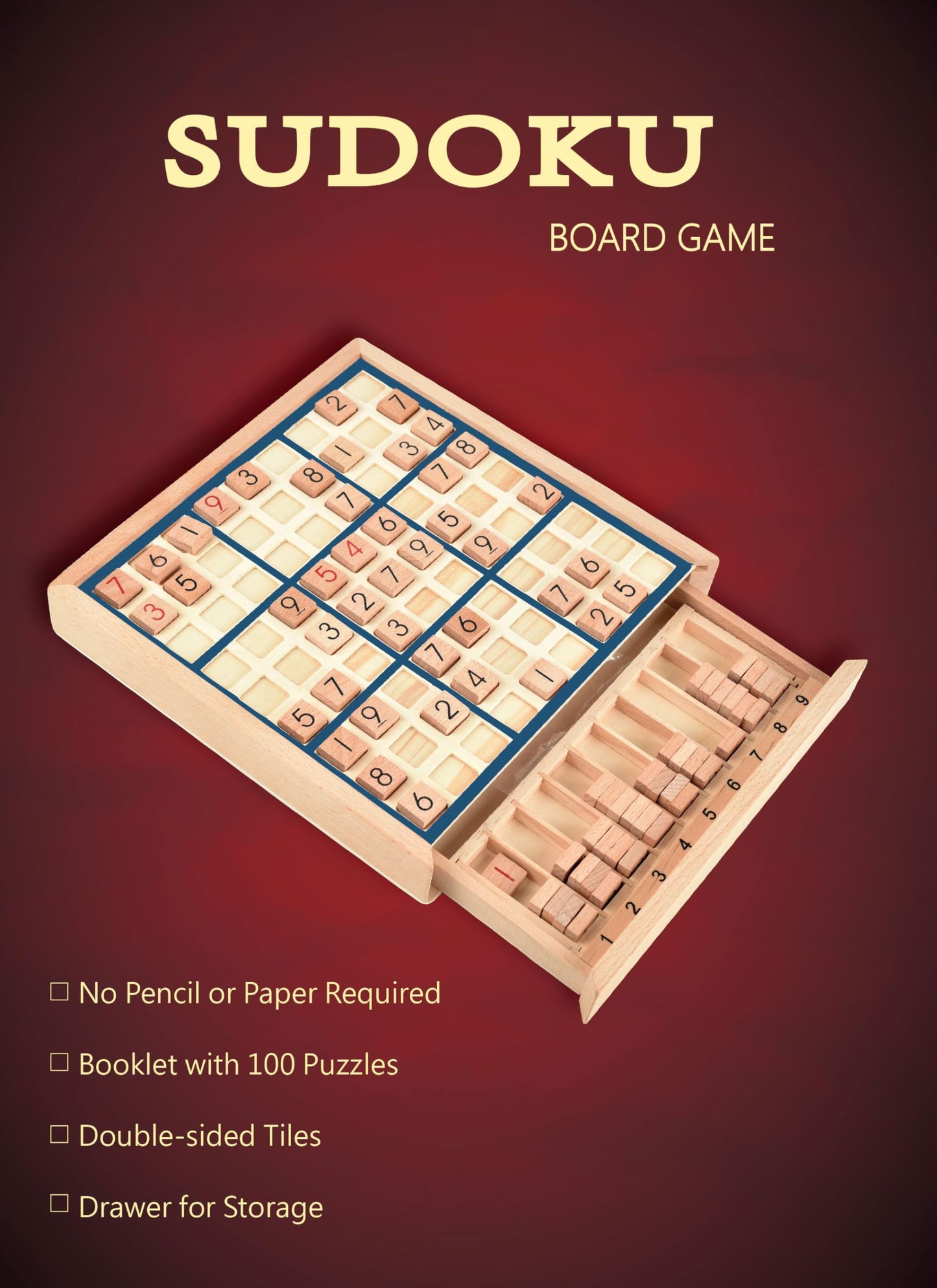 BOHS Wooden Sudoku Board Game with Drawer – 100 Puzzles Book – Brain Teaser Desktop Toy