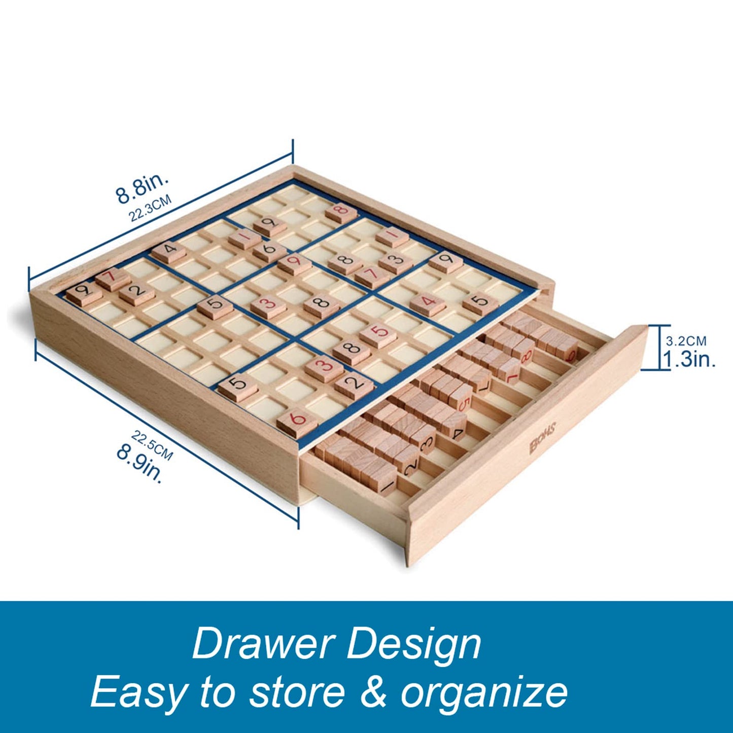 BOHS Wooden Sudoku Board Game with Drawer – 100 Puzzles Book – Brain Teaser Desktop Toy