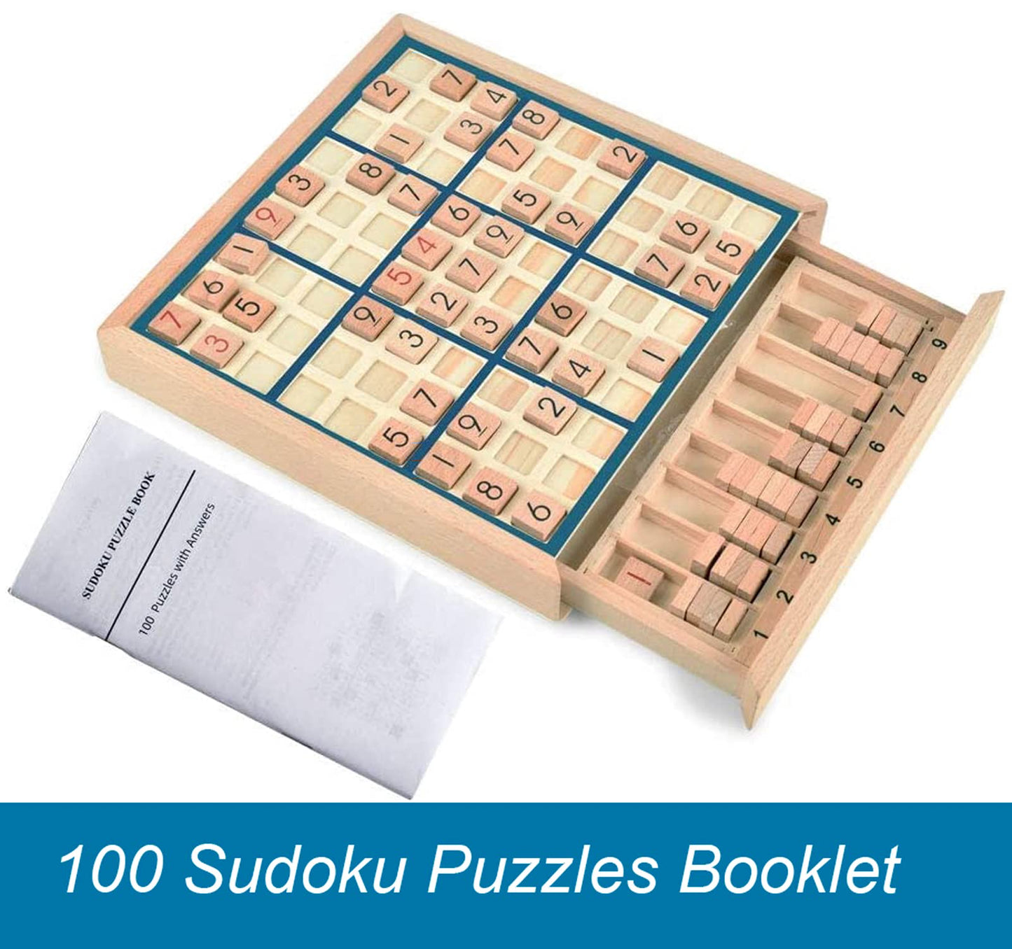 BOHS Wooden Sudoku Board Game with Drawer – 100 Puzzles Book – Brain Teaser Desktop Toy